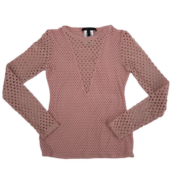 BCBG Maxazria Women's Sheer Eyelet Perforated V-Neck Long Sleeve Pink Size Small - Picture 2 of 4